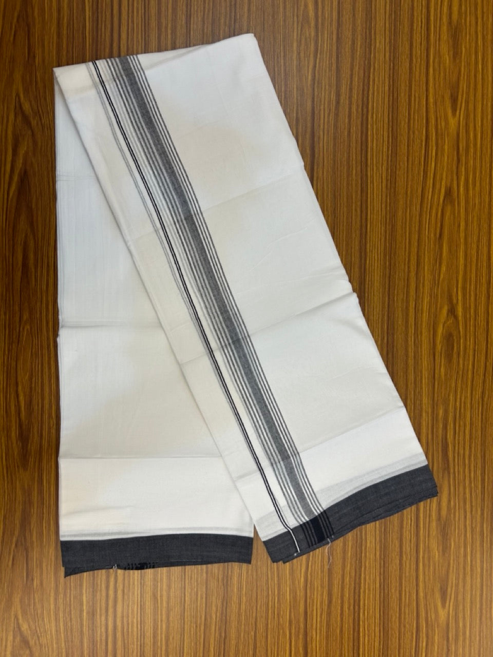 20% Discount ! Kaitharikada Balaramapuram 100% Cotton PURE WHITE Double Mundu/Dothi - 100x80 - 1.5 inch Black Shaded Striped Kara 3.90 mtr (8 muzham) - 44 KK5294 THI