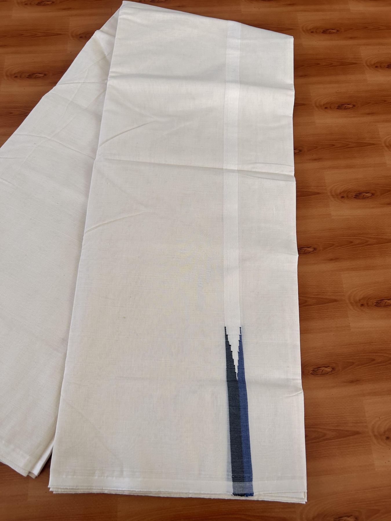 Double Off white Mundu/Dhoti - 20% Discount! KaithariKada Balaramapuram - 100% Cotton  100x100 - 0.75 inch Black & Dark Blue shaded Chutty Kara - 4 mtr (8.5 muzham) - 11 KK5431 ASH