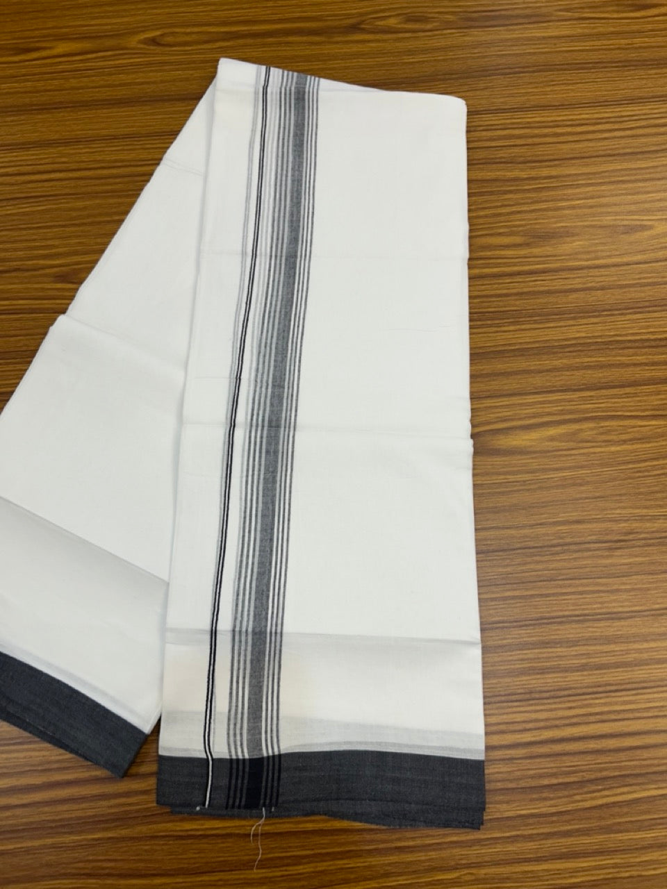 20% Discount ! Kaitharikada Balaramapuram 100% Cotton PURE WHITE Double Mundu/Dothi - 100x80 - 1.5 inch Black Shaded Striped Kara 3.90 mtr (8 muzham) - 44 KK5294 THI