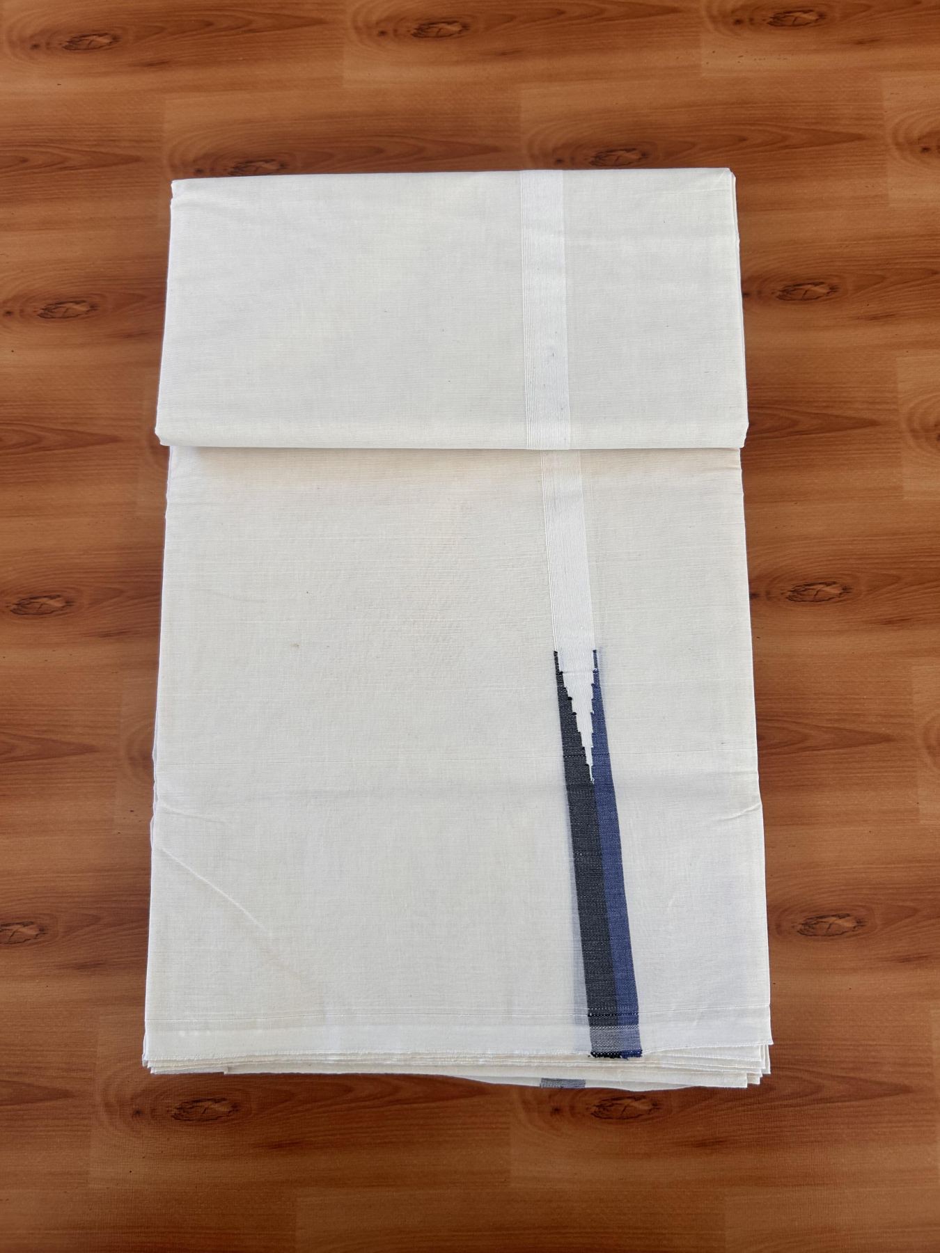 Double Off white Mundu/Dhoti - 20% Discount! KaithariKada Balaramapuram - 100% Cotton  100x100 - 0.75 inch Black & Dark Blue shaded Chutty Kara - 4 mtr (8.5 muzham) - 11 KK5431 ASH