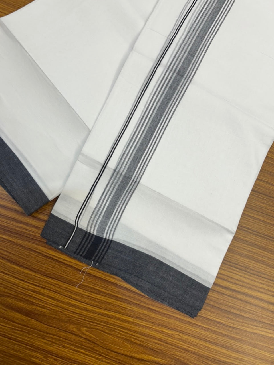 20% Discount ! Kaitharikada Balaramapuram 100% Cotton PURE WHITE Double Mundu/Dothi - 100x80 - 1.5 inch Black Shaded Striped Kara 3.90 mtr (8 muzham) - 44 KK5294 THI