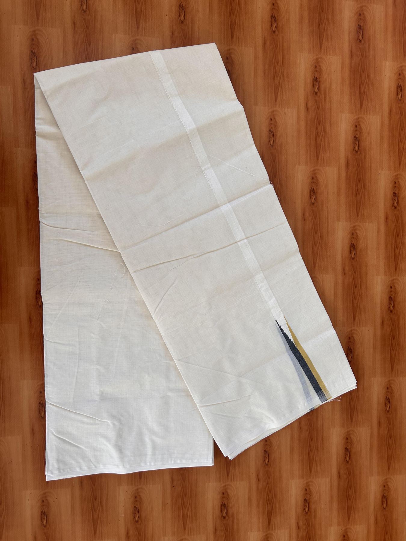Double Off white Mundu/Dhoti - 20% Discount! KaithariKada Balaramapuram - 100% Cotton  100x100 - 0.75 inch Black & Mustard Yellow shaded Chutty Kara - 4 mtr (8.5 muzham) - 2 KK5431 ASH