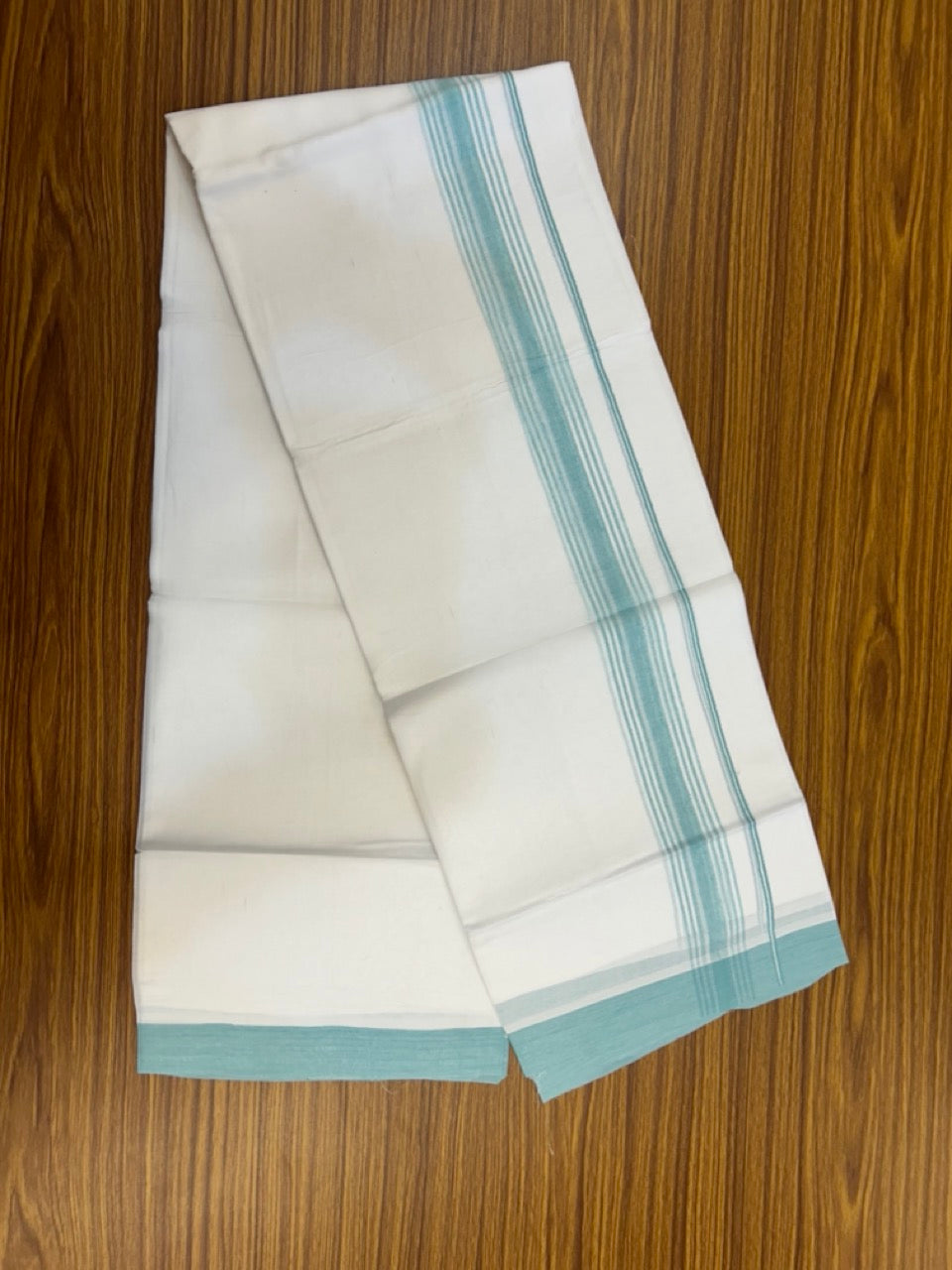 20% Discount ! Kaitharikada Balaramapuram 100% Cotton PURE WHITE Double Mundu/Dothi - 100x80 - 1.5 inch Turquoise Blue Shaded Striped Kara 3.90 mtr (8 muzham) - 54 KK5294 THI