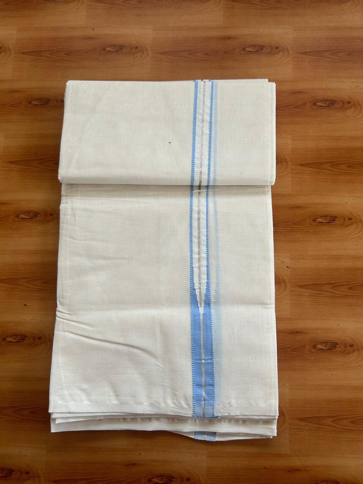 Double Off White (Unbleached) Mundu/Dhoti - 20% Discount!! KaithariKada Pulimood 100% Cotton 100X100 - 1 inch Puliyilakkara Silver Kasav & Light Blue Chutty Kara - 3.70 mtr (8 muzham) - 16 KK5547 ASH