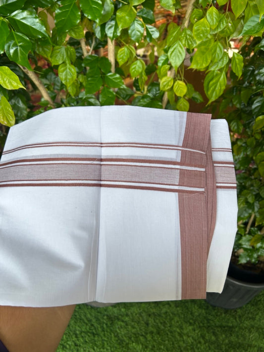 20% DISCOUNT! KaithariKada Balaramapuram 100% Cotton Double Pure white Mundu/Dhoti-( 60s ) - 1.25 inch Light Brown Shaded Striped Kara - 3.86mtr ( 8 muzham) - 16KK5227 PMC