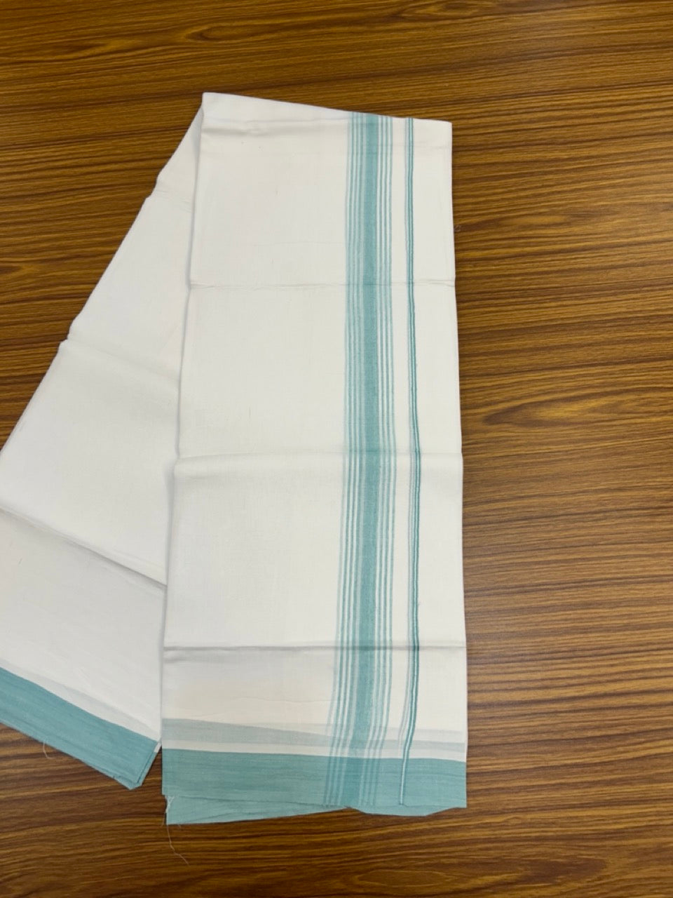 20% Discount ! Kaitharikada Balaramapuram 100% Cotton PURE WHITE Double Mundu/Dothi - 100x80 - 1.5 inch Turquoise Blue Shaded Striped Kara 3.90 mtr (8 muzham) - 54 KK5294 THI