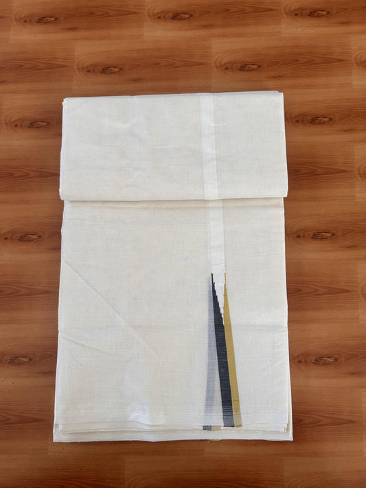 Double Off white Mundu/Dhoti - 20% Discount! KaithariKada Balaramapuram - 100% Cotton  100x100 - 0.75 inch Black & Mustard Yellow shaded Chutty Kara - 4 mtr (8.5 muzham) - 2 KK5431 ASH