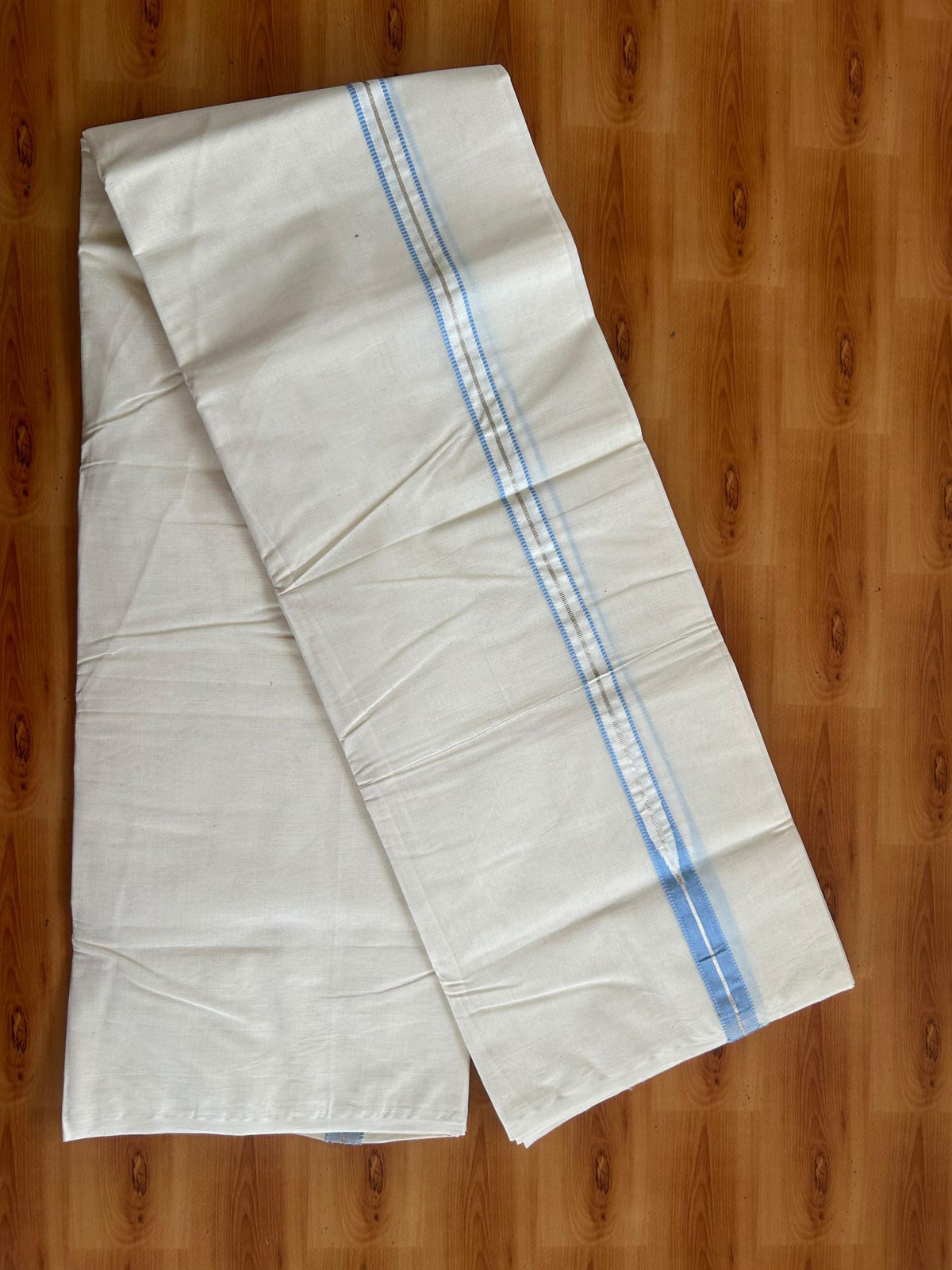 Double Off White (Unbleached) Mundu/Dhoti - 20% Discount!! KaithariKada Pulimood 100% Cotton 100X100 - 1 inch Puliyilakkara Silver Kasav & Light Blue Chutty Kara - 3.70 mtr (8 muzham) - 16 KK5547 ASH