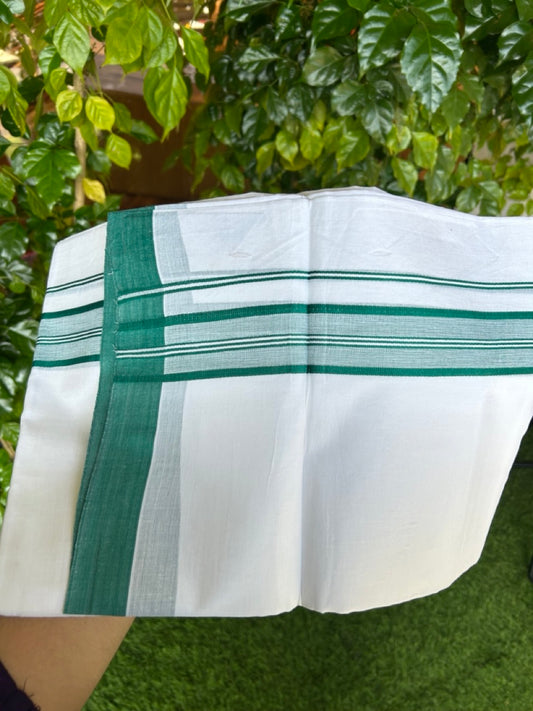 20% DISCOUNT! KaithariKada Balaramapuram 100% Cotton Double Pure white Mundu/Dhoti-( 60s ) - 1.5 inch Green Shaded Striped Kara - 3.84mtr ( 8 muzham) - 15KK5227 PMC