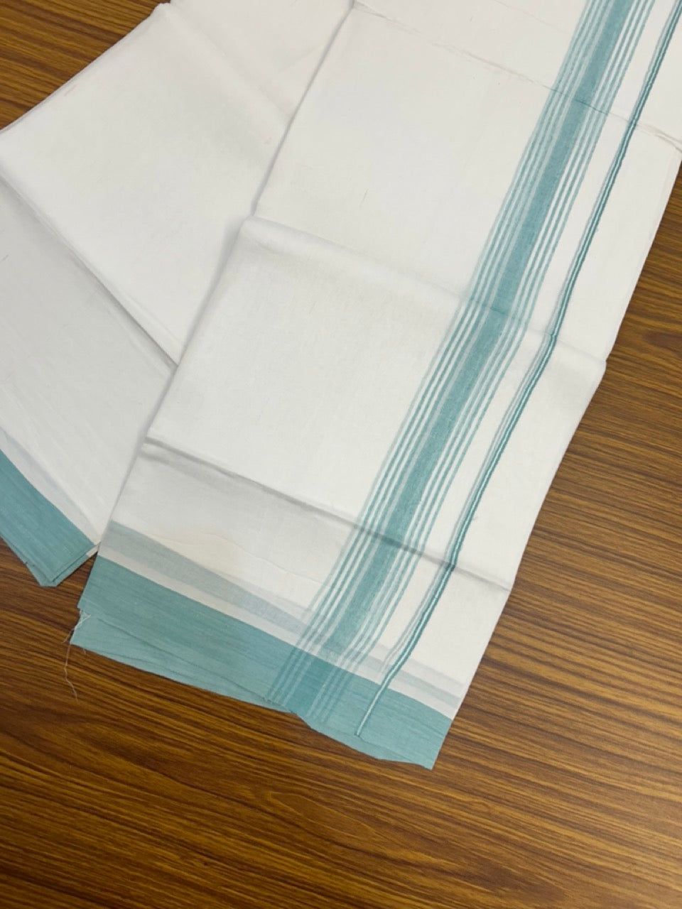 20% Discount ! Kaitharikada Balaramapuram 100% Cotton PURE WHITE Double Mundu/Dothi - 100x80 - 1.5 inch Turquoise Blue Shaded Striped Kara 3.90 mtr (8 muzham) - 54 KK5294 THI