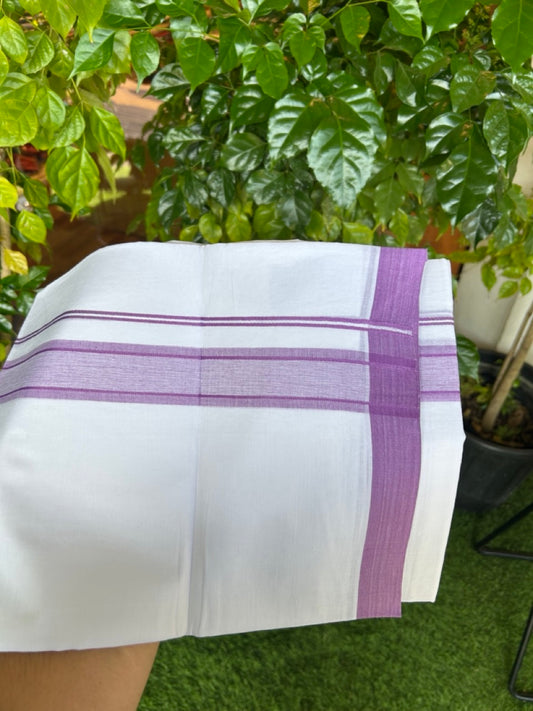 20% DISCOUNT! KaithariKada Balaramapuram 100% Cotton Double Pure white Mundu/Dhoti-( 60s ) - 1.5 inch Purple Lavender Shaded Kara - 3.86mtr ( 8 muzham) - 14KK5227 PMC