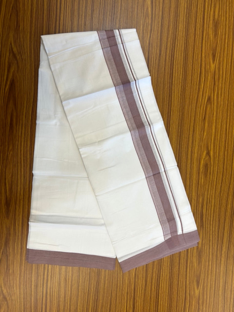 20% Discount ! Kaitharikada Balaramapuram 100% Cotton PURE WHITE Double Mundu/Dothi - 100x80 - 1.75 inch Deep Coffee Design Kara 3.90 mtr (8 muzham) - 19 KK5294 THI