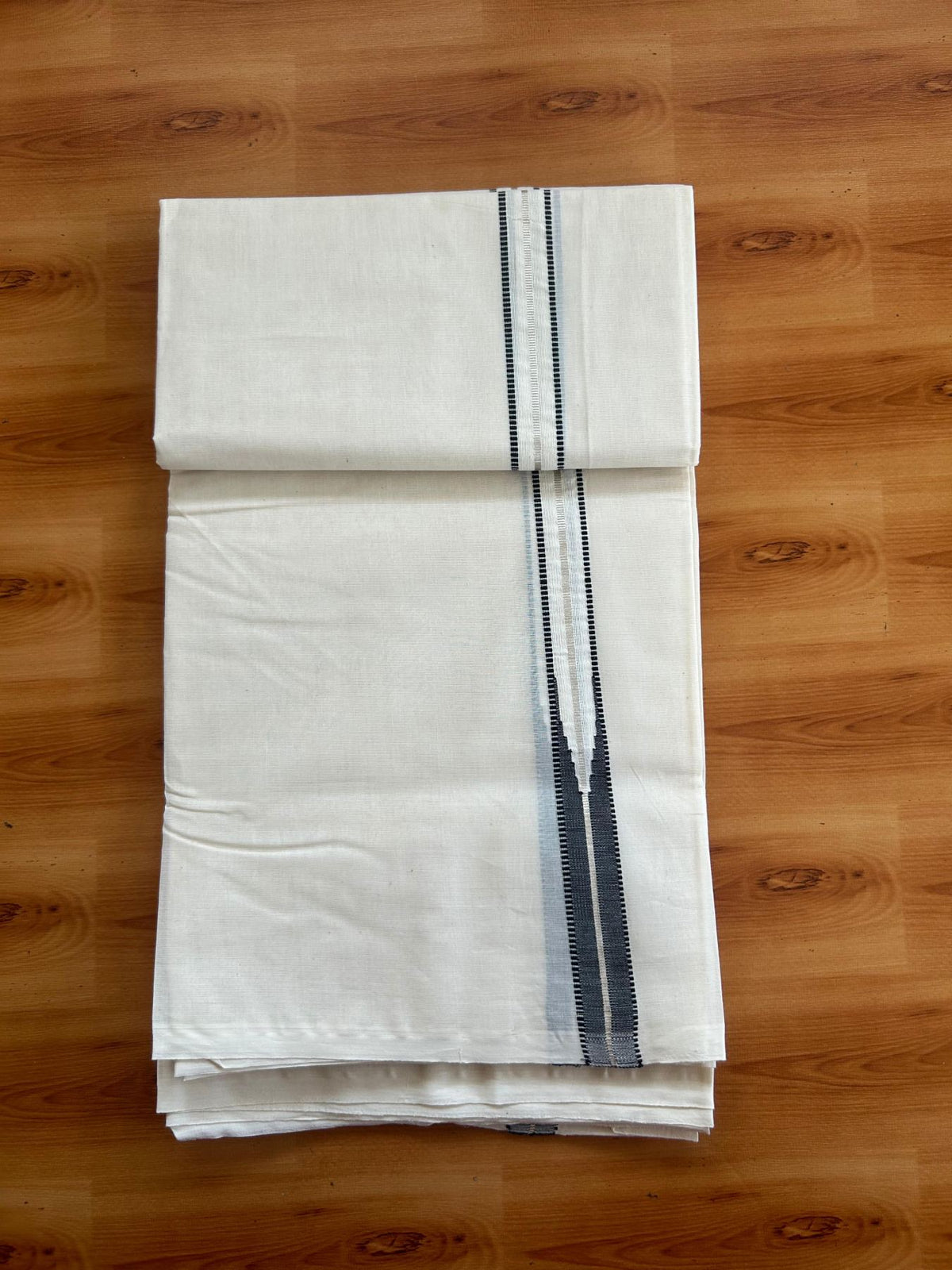 Double Off White (Unbleached) Mundu/Dhoti - 20% Discount!! KaithariKada Pulimood 100% Cotton 100X100 - 1 inch Puliyilakkara Silver Kasav & Black Chutty Kara - 3.70 mtr (8 muzham) - 17 KK5547 ASH