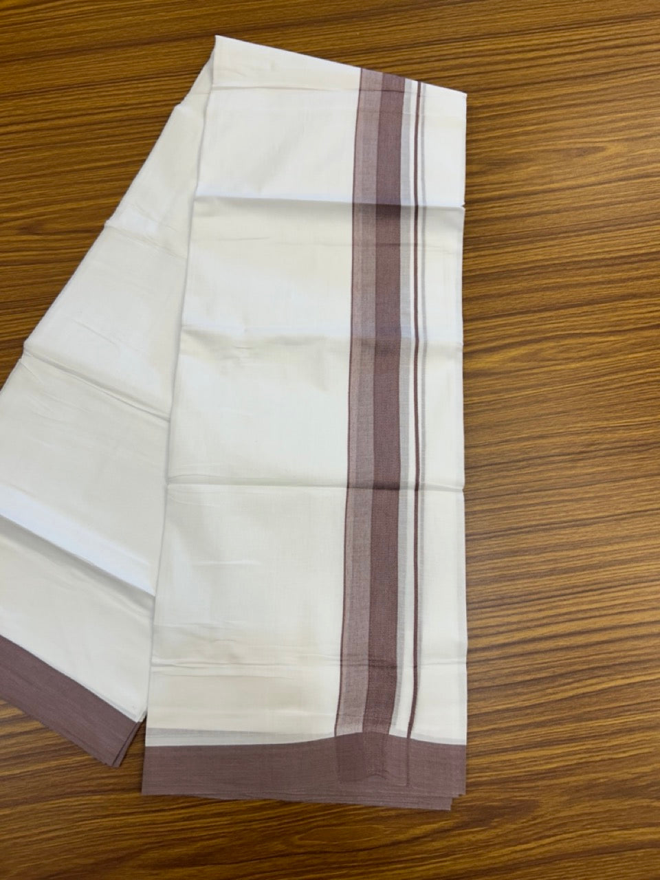 20% Discount ! Kaitharikada Balaramapuram 100% Cotton PURE WHITE Double Mundu/Dothi - 100x80 - 1.75 inch Deep Coffee Design Kara 3.90 mtr (8 muzham) - 19 KK5294 THI