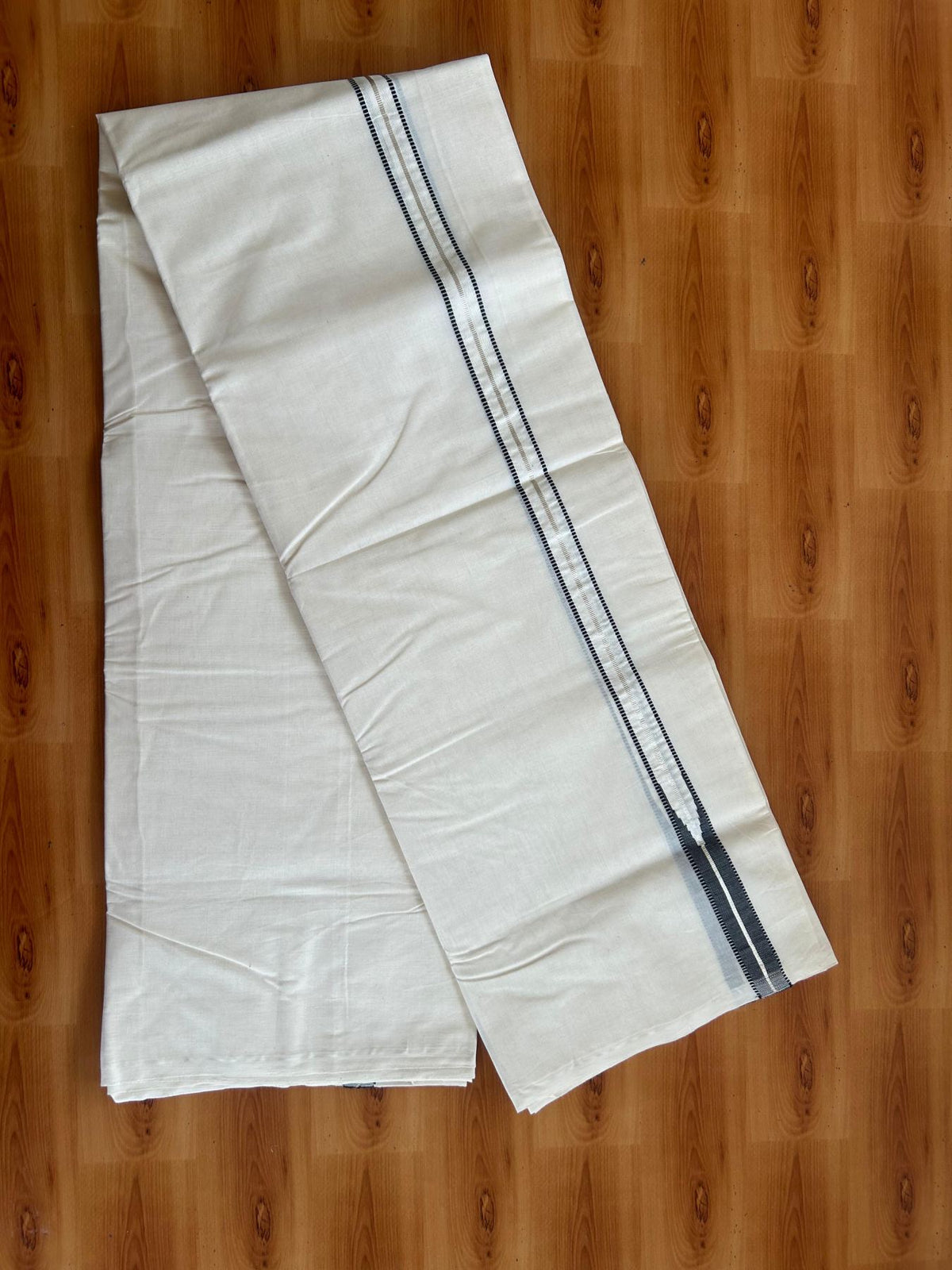 Double Off White (Unbleached) Mundu/Dhoti - 20% Discount!! KaithariKada Pulimood 100% Cotton 100X100 - 1 inch Puliyilakkara Silver Kasav & Black Chutty Kara - 3.70 mtr (8 muzham) - 17 KK5547 ASH