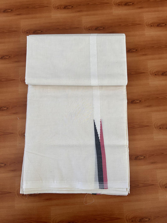 Double Off white Mundu/Dhoti - 20% Discount! KaithariKada Balaramapuram - 100% Cotton  100x100 - 0.75 inch Black & Dark Pink shaded Chutty Kara - 4 mtr (8.5 muzham) - 15 KK5431 ASH