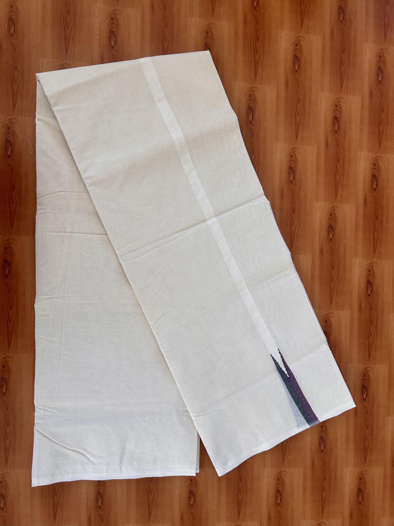 Double Off white Mundu/Dhoti - 20% Discount! KaithariKada Balaramapuram - 100% Cotton  100x100 - 0.75 inch Black & Purple shaded Chutty Kara - 4 mtr (8.5 muzham) - 16 KK5431 ASH