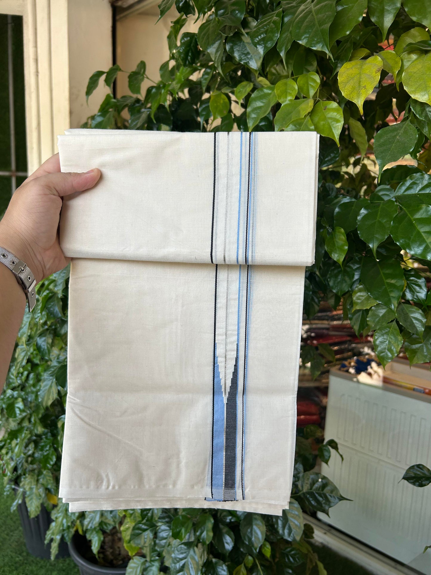 20% Discount! KaithariKada Balaramapuram 100% Cotton Double Off white Mundu/Dhoti-100x100 - 1 inch Puliyilakkara Silver Kasav Black &  Blue Chutty Kara - 4 mtr (8.5 muzham) - 13 KK5354 ASH