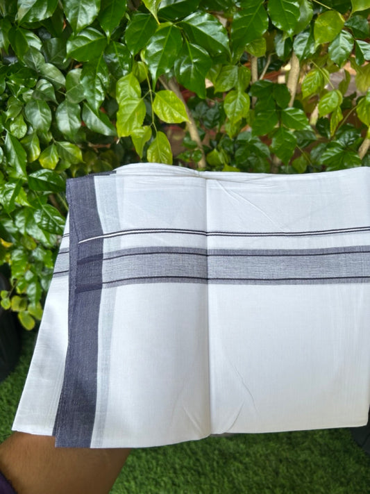 32% DISCOUNT! KaithariKada Balaramapuram 100% Cotton Double Pure white Mundu/Dhoti-( 60s ) - 1.25 inch Navy Blue Shaded Kara - 3.86mtr ( 8 muzham) - 11KK5227 PMC