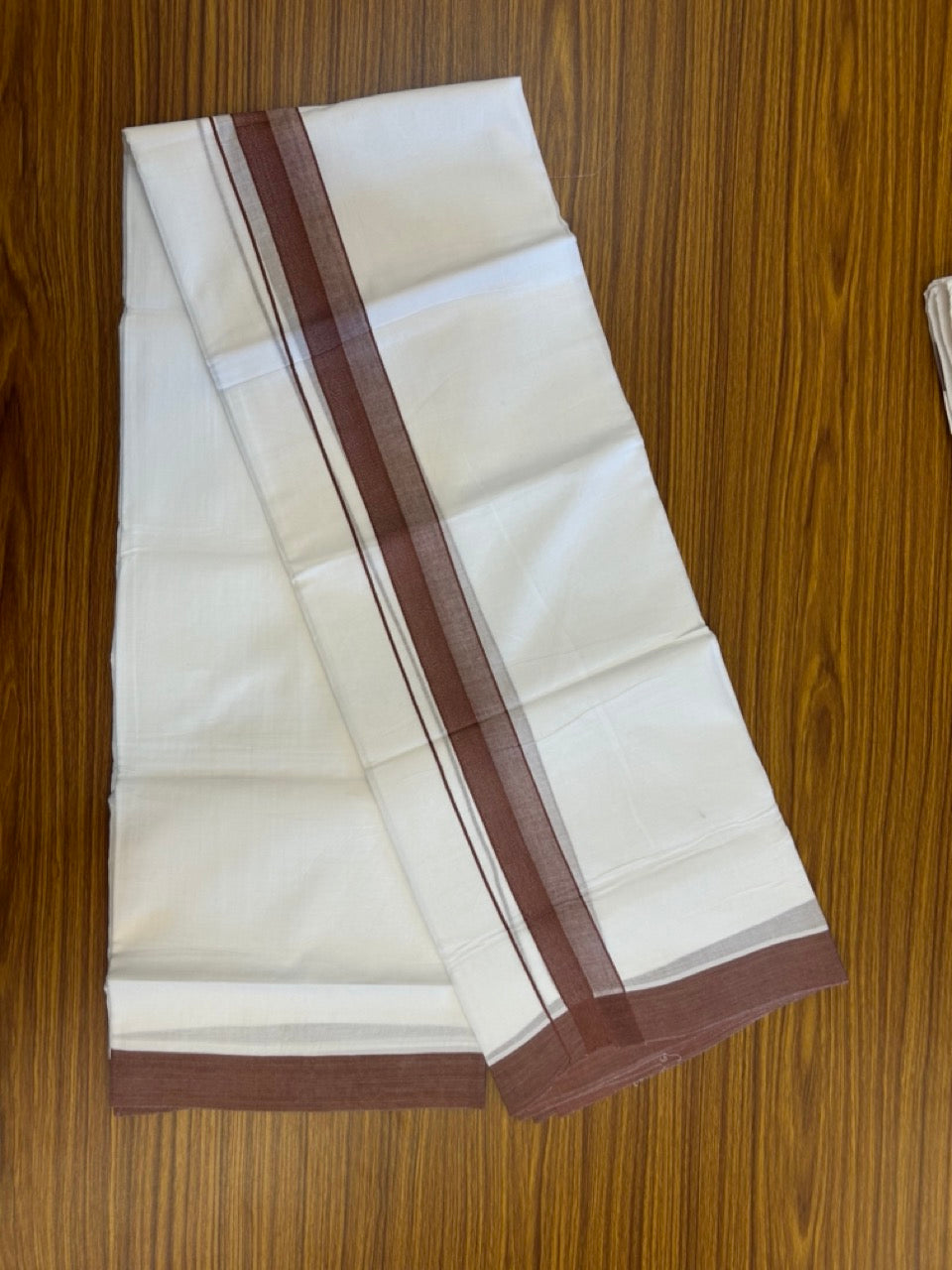 20% Discount ! Kaitharikada Balaramapuram 100% Cotton PURE WHITE Double Mundu/Dothi - 100x80 - 1.5 inch Chestnut Shaded Design Kara 3.90 mtr (8 muzham) - 20 KK5294 THI