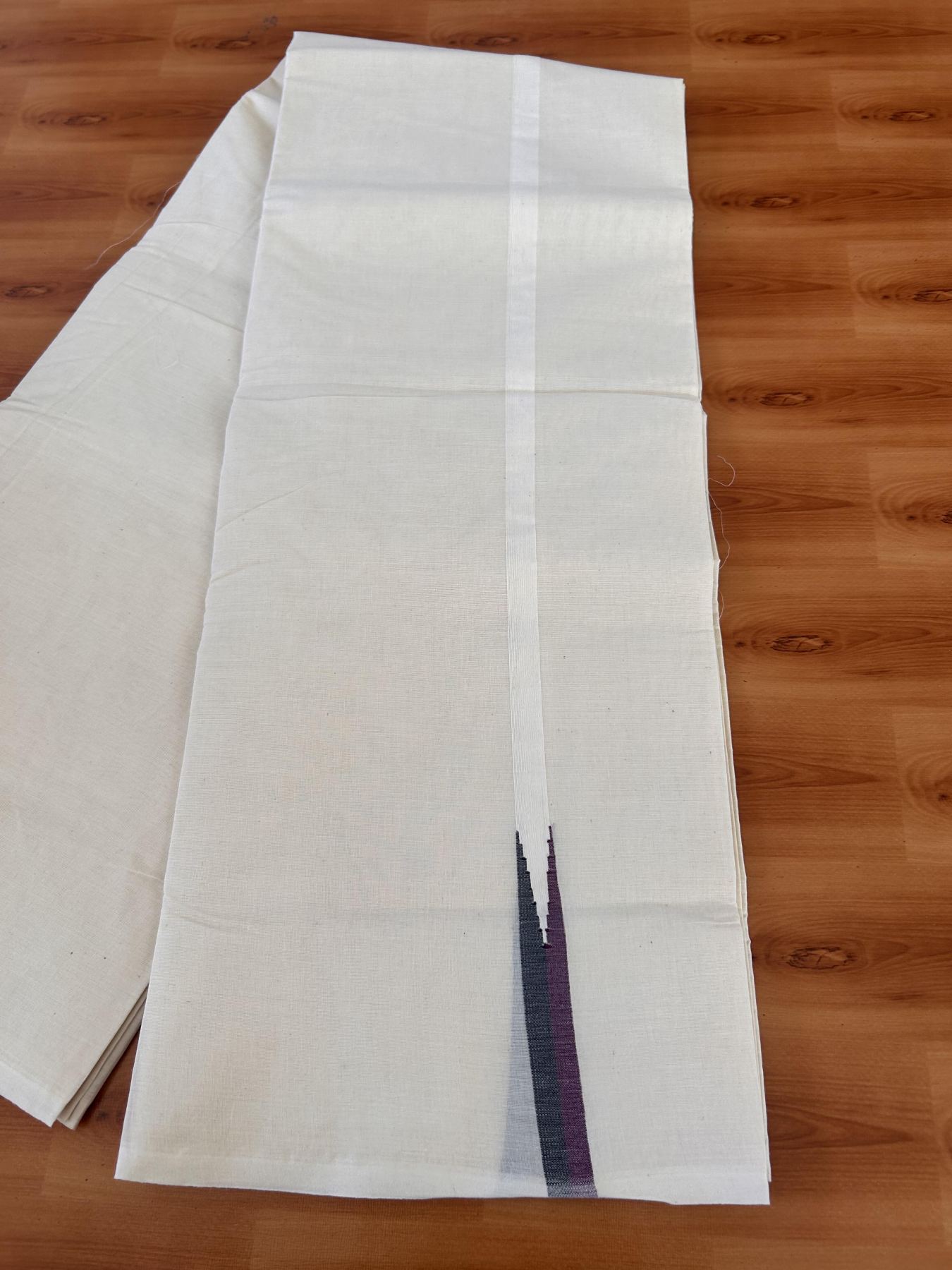 Double Off white Mundu/Dhoti - 20% Discount! KaithariKada Balaramapuram - 100% Cotton  100x100 - 0.75 inch Black & Purple shaded Chutty Kara - 4 mtr (8.5 muzham) - 16 KK5431 ASH