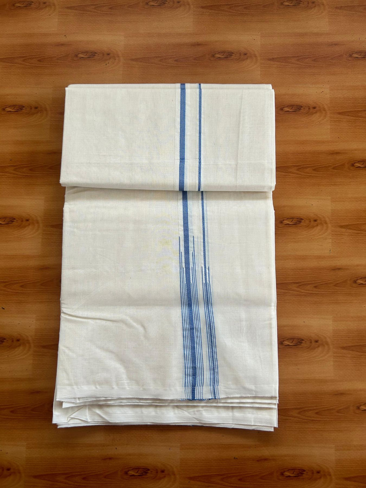 Double Off White (Unbleached) Mundu/Dhoti - 20% Discount!! KaithariKada Pulimood 100% Cotton 100X100 - 1.5 cm Puliyilakkara Silver Kasav & Dark Blue Striped Double Chutty Kara - 4 mtr (8.5 muzham) -18 KK5547 ASH