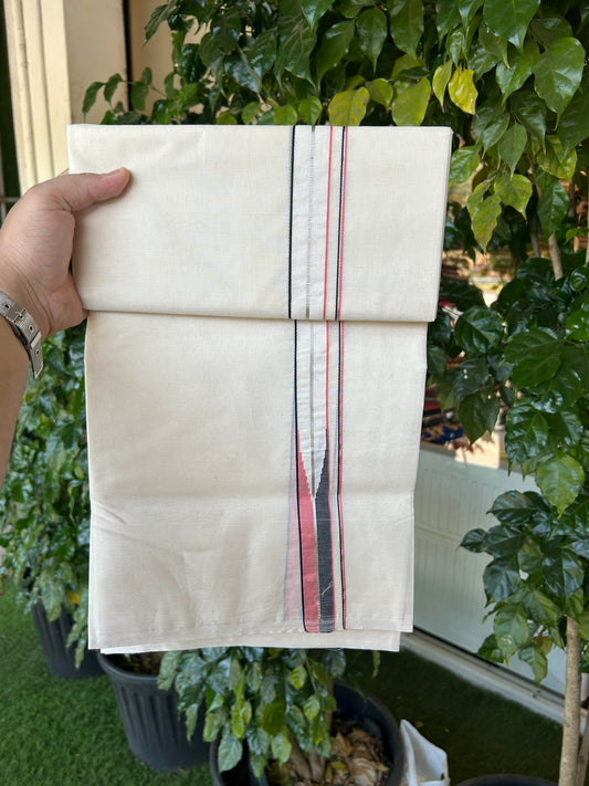 20% Discount! KaithariKada Balaramapuram 100% Cotton Double Off white Mundu/Dhoti-100x100 - 1 inch Puliyilakkara Silver Kasav Black &  Peach Chutty Kara - 4 mtr (8.5 muzham) - 12 KK5354 ASH