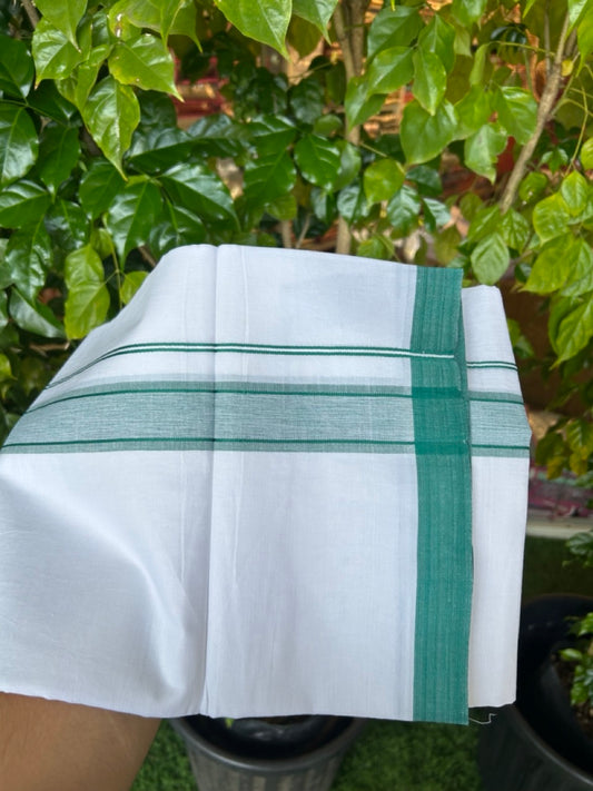 32% DISCOUNT! KaithariKada Balaramapuram 100% Cotton Double Pure white Mundu/Dhoti-( 60s ) - 1.5 inch Green Shaded Kara - 3.86mtr ( 8 muzham) - 10KK5227 PMC