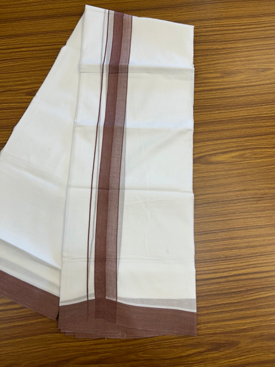 20% Discount ! Kaitharikada Balaramapuram 100% Cotton PURE WHITE Double Mundu/Dothi - 100x80 - 1.5 inch Chestnut Shaded Design Kara 3.90 mtr (8 muzham) - 20 KK5294 THI