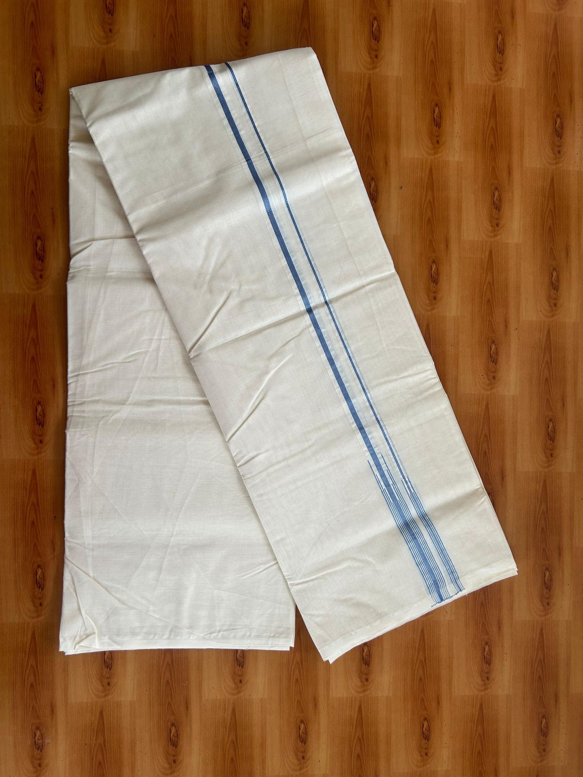 Double Off White (Unbleached) Mundu/Dhoti - 20% Discount!! KaithariKada Pulimood 100% Cotton 100X100 - 1.5 cm Puliyilakkara Silver Kasav & Dark Blue Striped Double Chutty Kara - 4 mtr (8.5 muzham) -18 KK5547 ASH