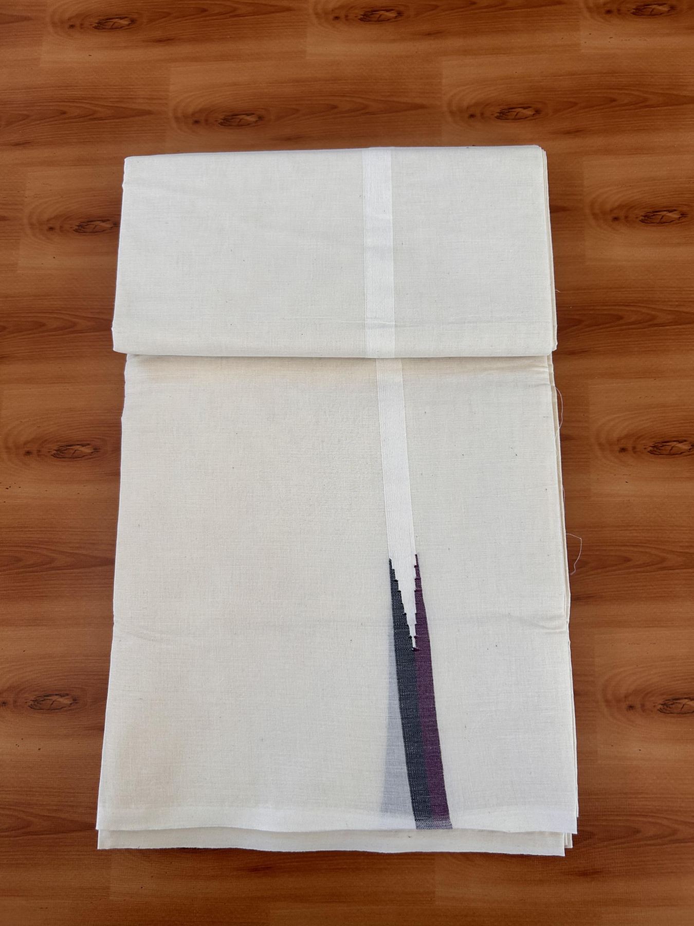 Double Off white Mundu/Dhoti - 20% Discount! KaithariKada Balaramapuram - 100% Cotton  100x100 - 0.75 inch Black & Purple shaded Chutty Kara - 4 mtr (8.5 muzham) - 16 KK5431 ASH