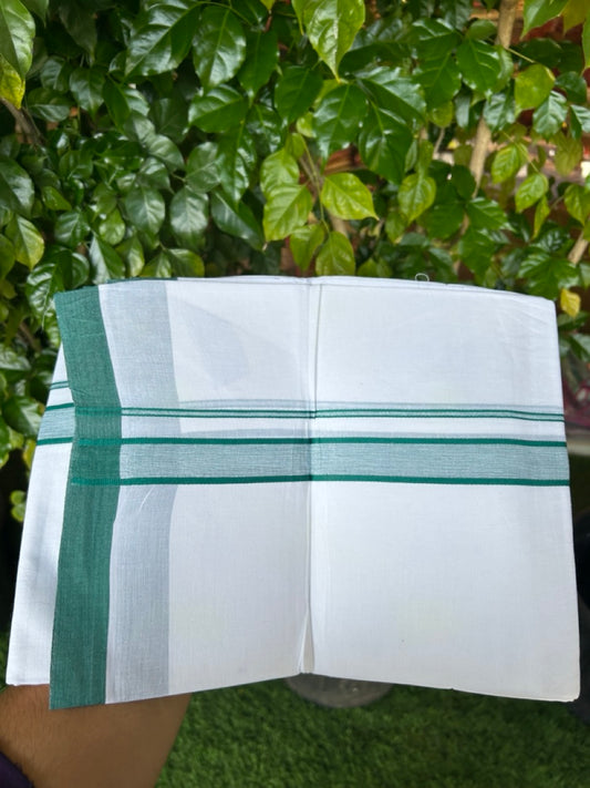 30% DISCOUNT! KaithariKada Balaramapuram 100% Cotton Double Pure white Mundu/Dhoti-( 60s ) - 1 inch Green Shaded Kara - 3.86mtr ( 8 muzham) - 9KK5227 PMC
