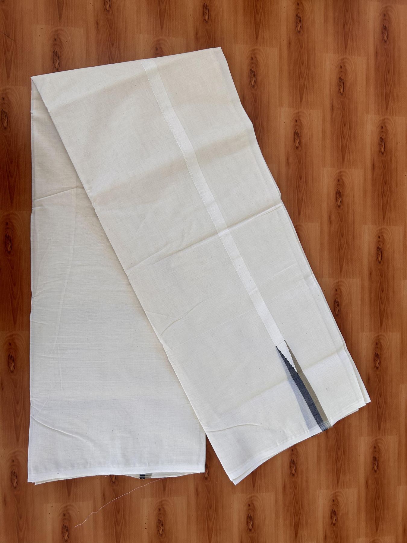 Double Off white Mundu/Dhoti - 20% Discount! KaithariKada Balaramapuram - 100% Cotton  100x100 - 0.75 inch Black & Light Sage Green shaded Chutty Kara - 4 mtr (8.5 muzham) - 8 KK5431 ASH