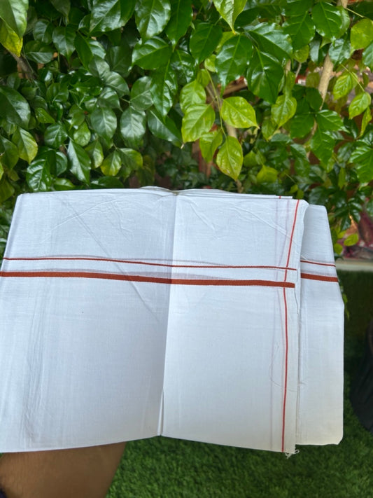 23% DISCOUNT! KaithariKada Balaramapuram 100% Cotton Double Pure white Mundu/Dhoti-( 60s ) - 0.25 inch Brick Brown Thin Kara - 3.88 mtr ( 8 muzham) - 8KK5227 PMC