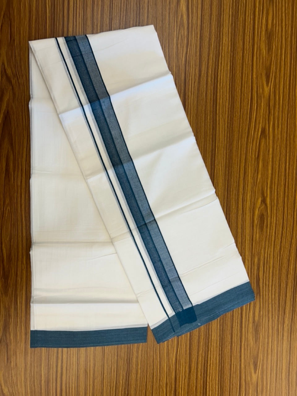 20% Discount ! Kaitharikada Balaramapuram 100% Cotton PURE WHITE Double Mundu/Dothi - 100x80 - 1.5 inch Peacock Blue Shaded Design Kara 3.90 mtr (8 muzham) - 21 KK5294 THI
