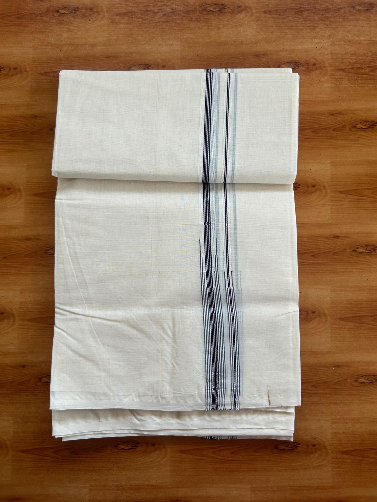 Double Off White (Unbleached) Mundu/Dhoti - 20% Discount!! KaithariKada Pulimood 100% Cotton 100X100 - 1.5 cm Puliyilakkara Silver Kasav & Black Striped Double Chutty Kara - 3.70 mtr & 4 mtr  (8.5 muzham) - 20 KK5547 ASH