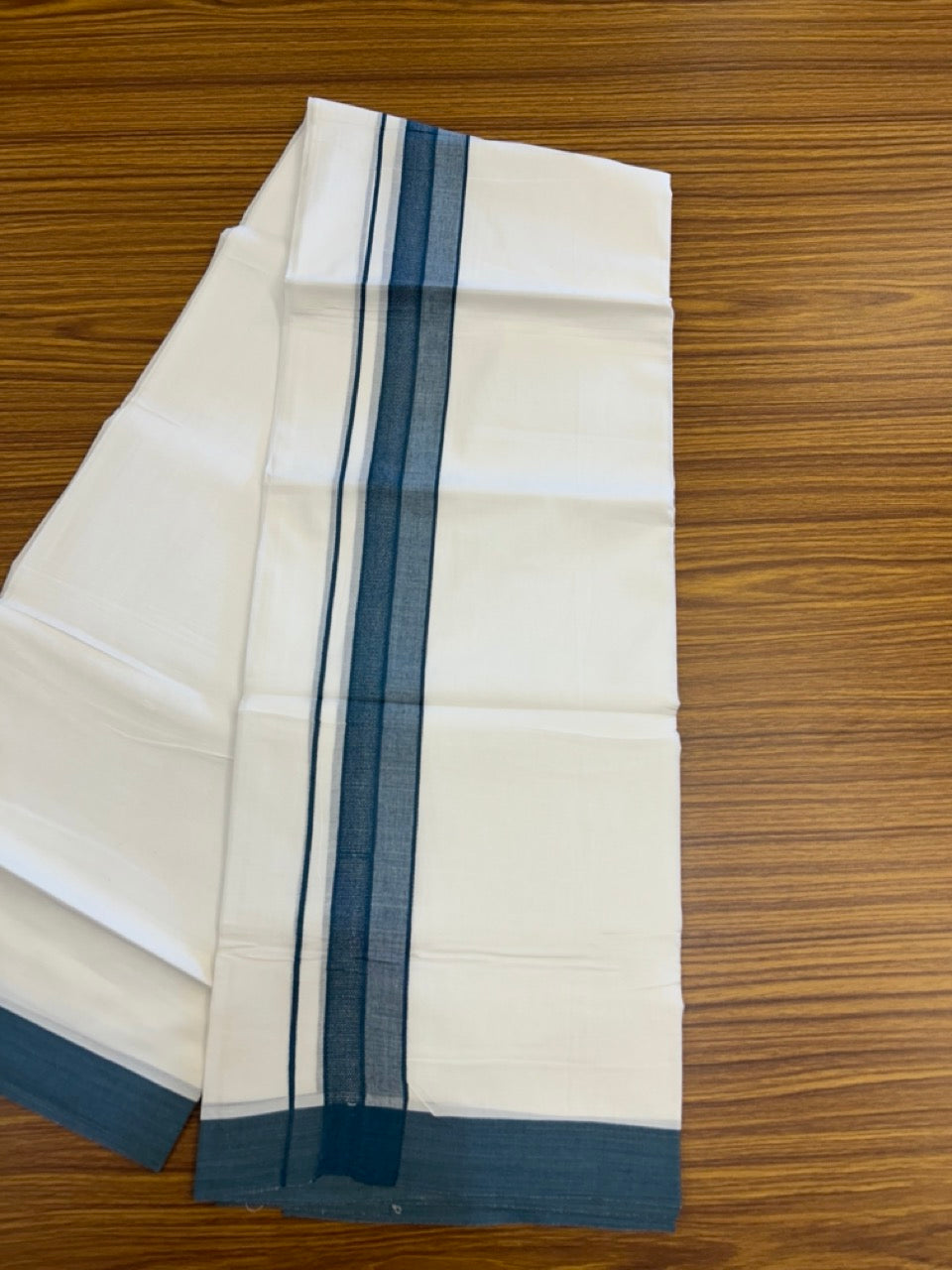 20% Discount ! Kaitharikada Balaramapuram 100% Cotton PURE WHITE Double Mundu/Dothi - 100x80 - 1.5 inch Peacock Blue Shaded Design Kara 3.90 mtr (8 muzham) - 21 KK5294 THI