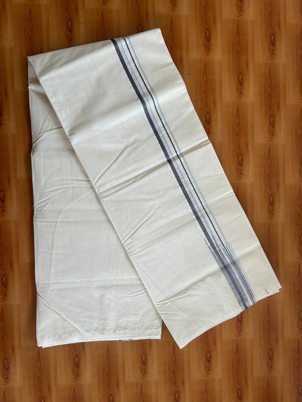 Double Off White (Unbleached) Mundu/Dhoti - 20% Discount!! KaithariKada Pulimood 100% Cotton 100X100 - 1.5 cm Puliyilakkara Silver Kasav & Black Striped Double Chutty Kara - 3.70 mtr & 4 mtr  (8.5 muzham) - 20 KK5547 ASH