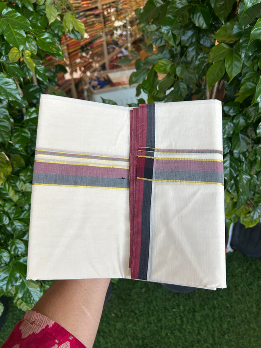 Dmk Veshti - 20% Discount! KaithariKada 100% Cotton Off White Double - (Unbleached) Mundu/Dhoti - 100X100 - 1.25 inch Gold Kasav Black & Maroon kara  - 6 KK5354 ASH