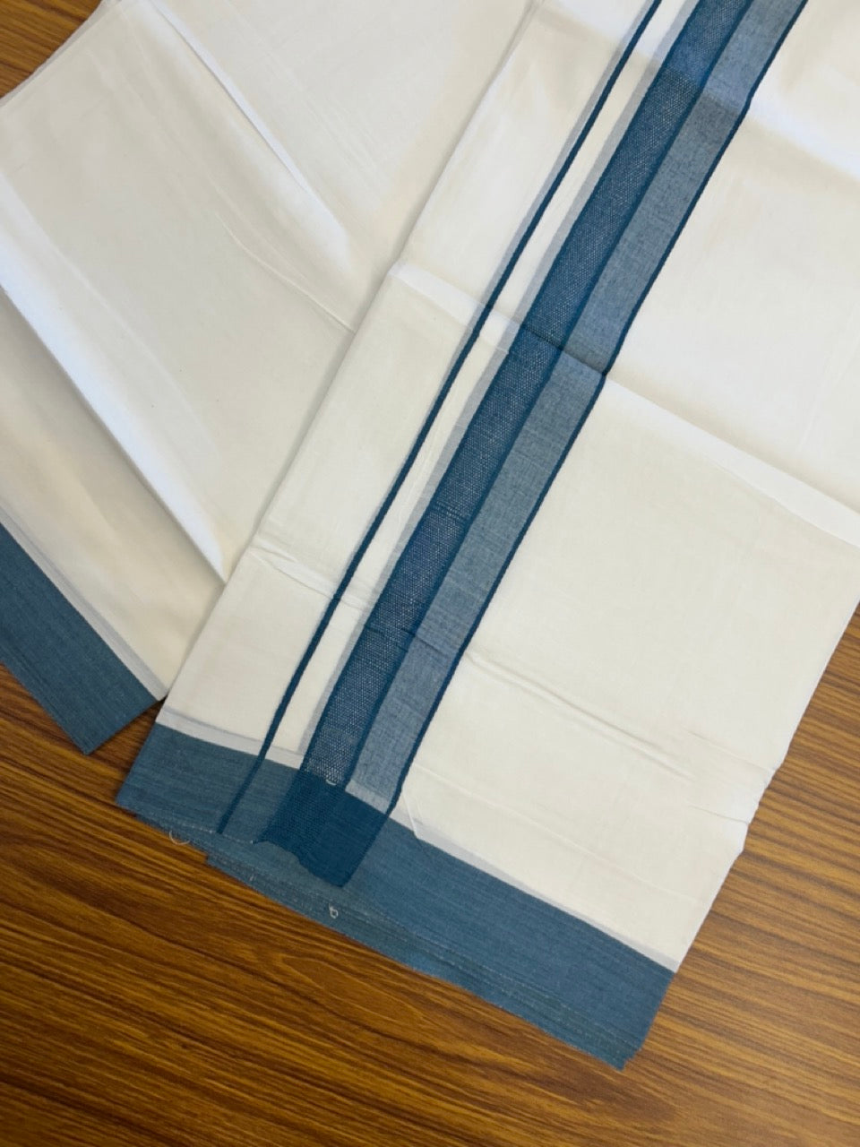 20% Discount ! Kaitharikada Balaramapuram 100% Cotton PURE WHITE Double Mundu/Dothi - 100x80 - 1.5 inch Peacock Blue Shaded Design Kara 3.90 mtr (8 muzham) - 21 KK5294 THI