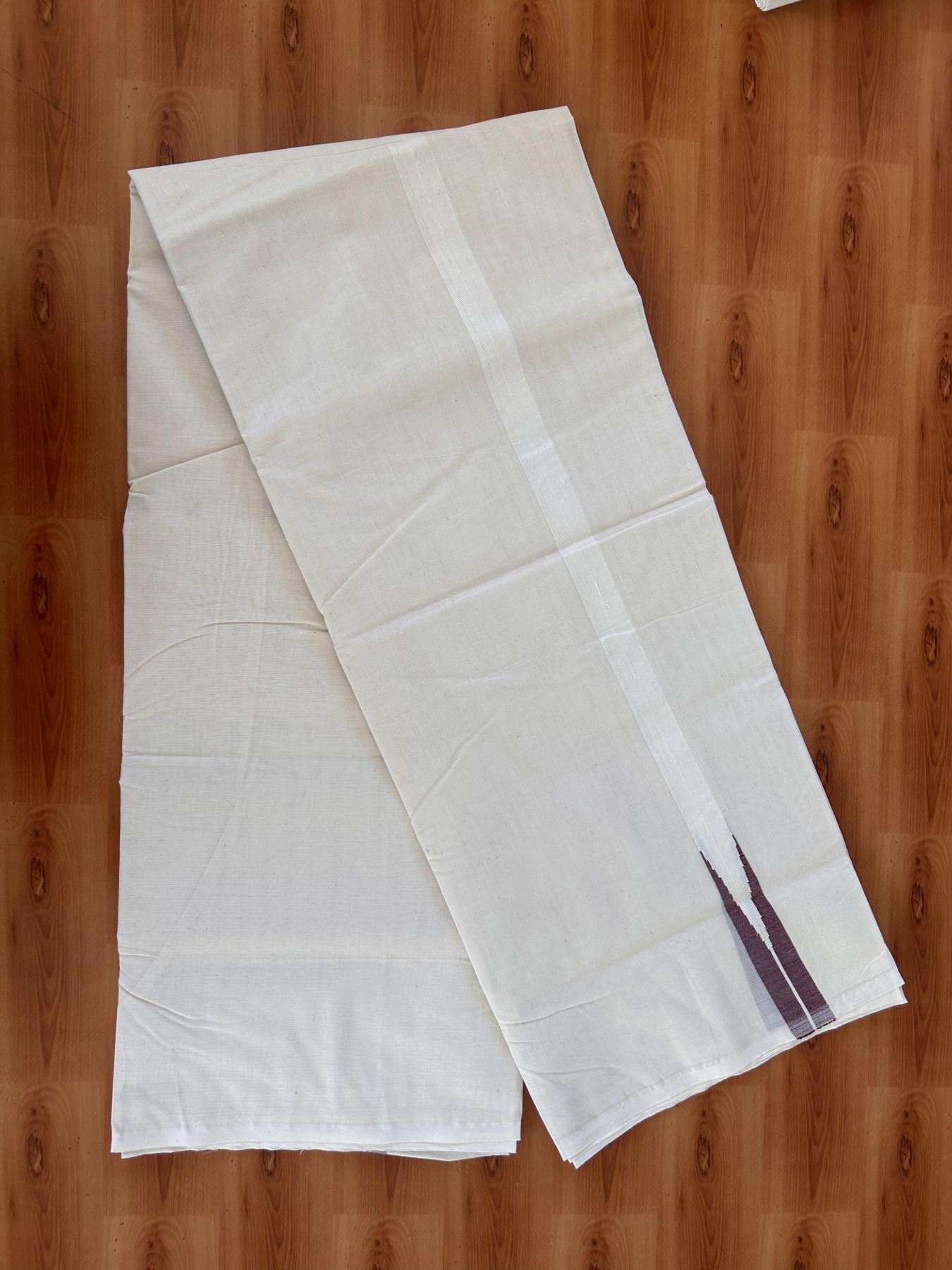 Double Off white Mundu/Dhoti - 20% Discount! KaithariKada Balaramapuram - 100% Cotton  100x100 - 0.75 inch Maroon shaded Chutty Kara - 4 mtr (8.5 muzham) - 3 KK5431 ASH