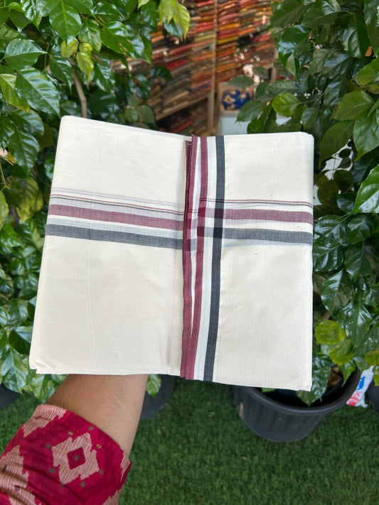Admk Veshti - 20% Discount ! KaithariKada 100% Cotton Off White Double - (Unbleached) Mundu/Dhoti - 100X100 - 1.25 inch Black White & Maroon Shaded kara - 5 KK5354 ASH
