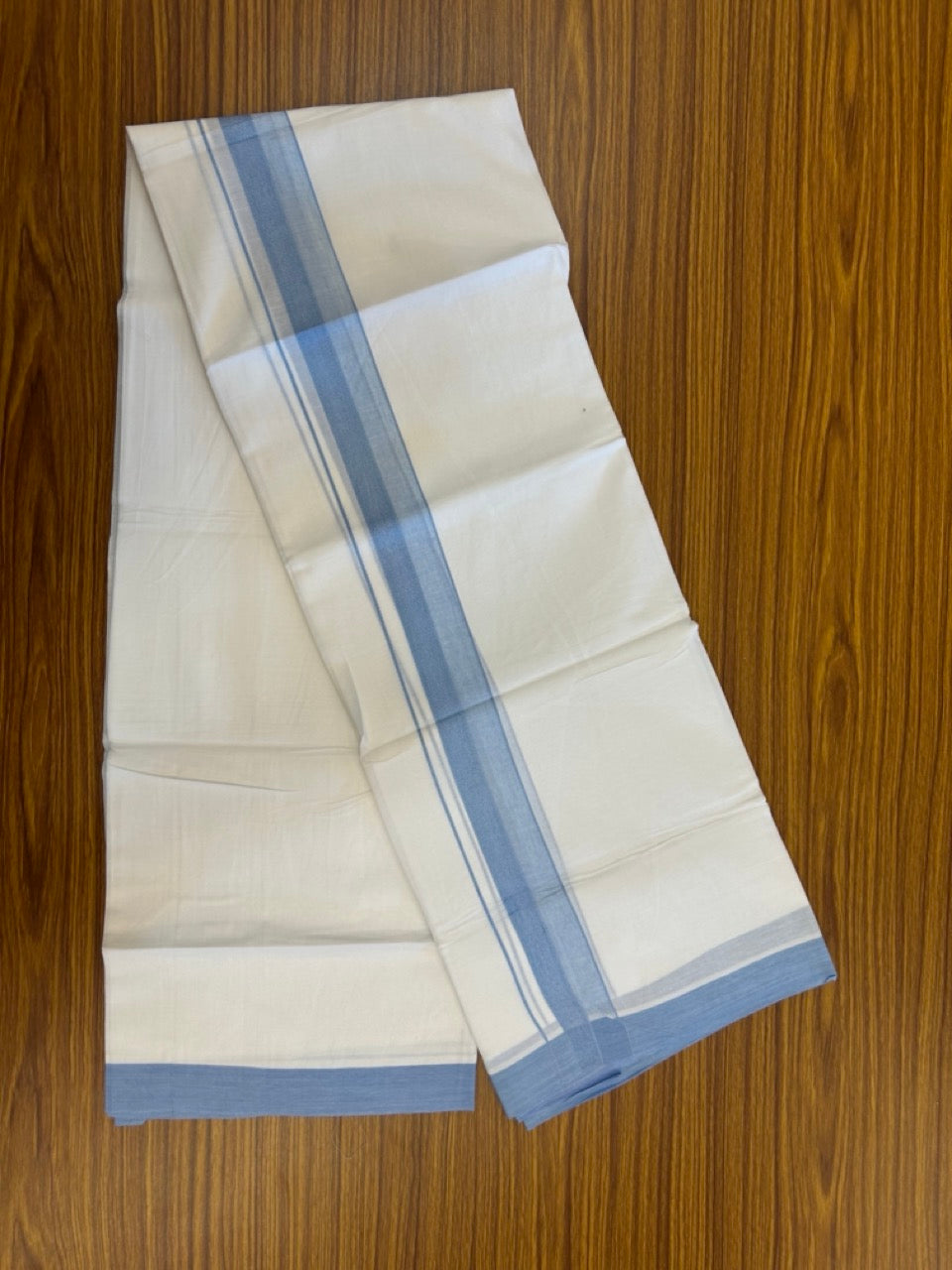 20% Discount ! Kaitharikada Balaramapuram 100% Cotton PURE WHITE Double Mundu/Dothi - 100x80 - 1.5 inch Light Blue Shaded Design Kara 3.90 mtr (8 muzham) - 22 KK5294 THI