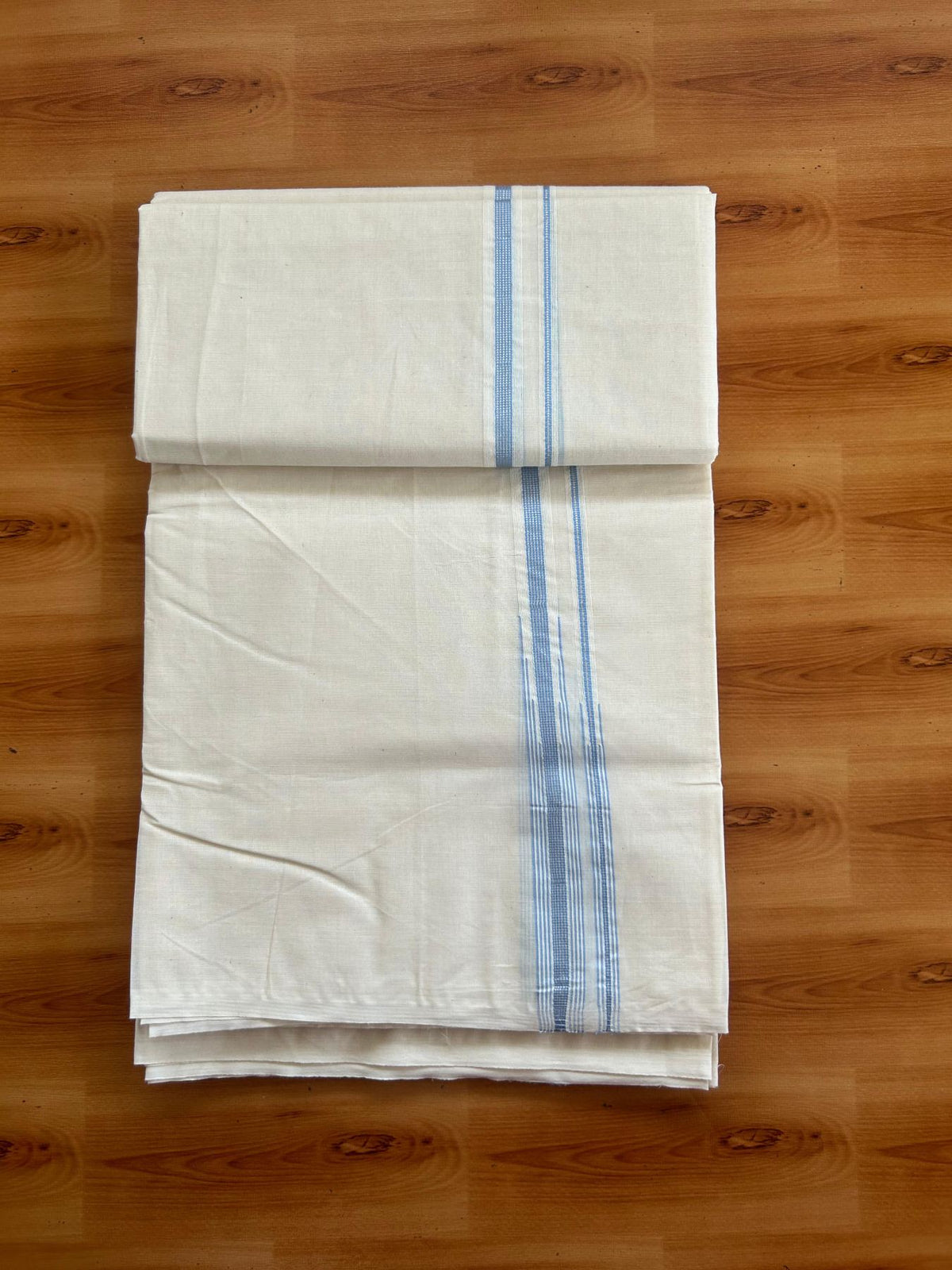 Double Off White (Unbleached) Mundu/Dhoti - 20% Discount!! KaithariKada Pulimood 100% Cotton 100X100 - 0.75 inch Puliyilakkara Silver Kasav & Light Blue Striped Double Chutty Kara - 4 mtr (8.5 muzham) -19 KK5547 ASH
