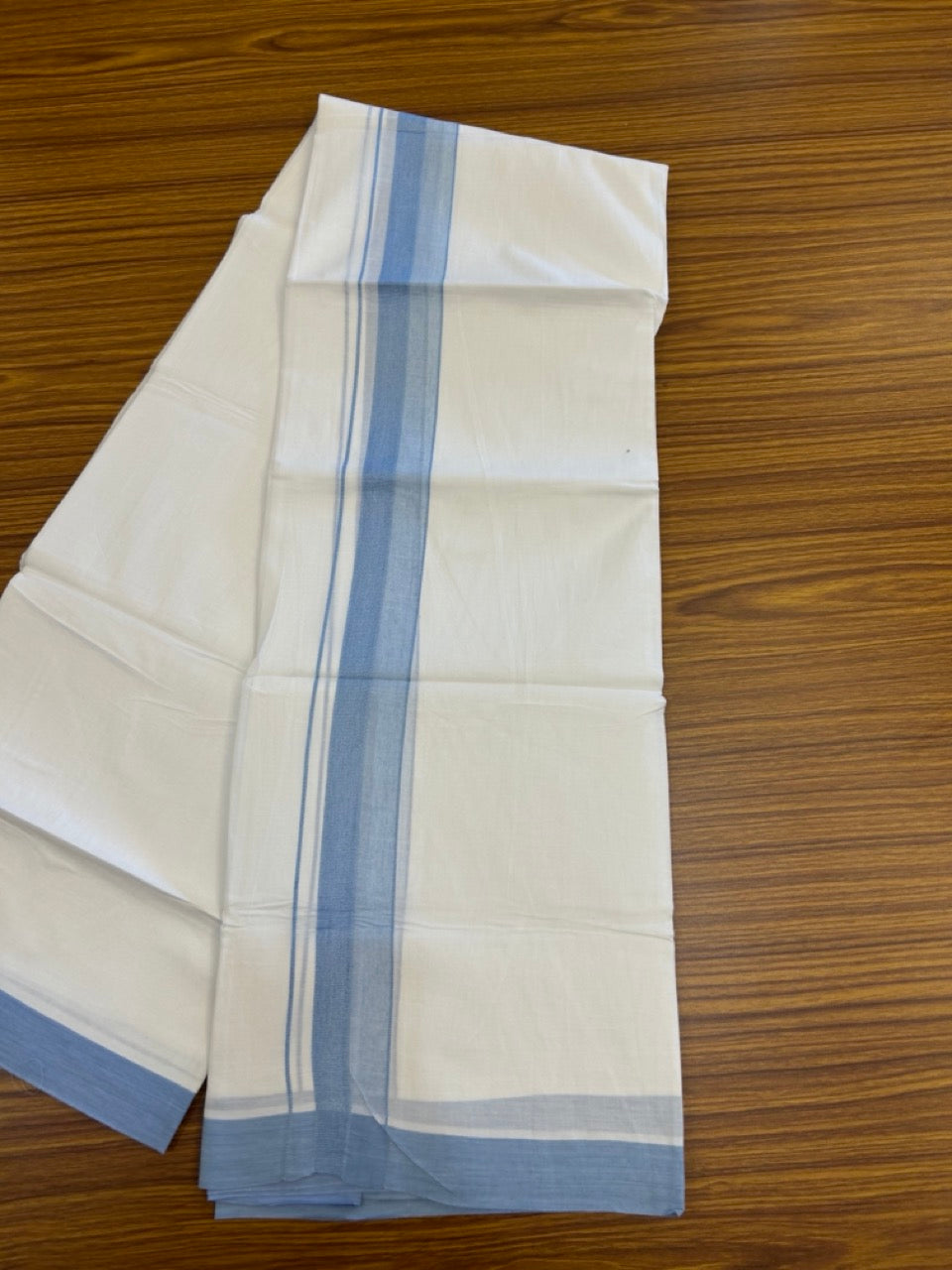 20% Discount ! Kaitharikada Balaramapuram 100% Cotton PURE WHITE Double Mundu/Dothi - 100x80 - 1.5 inch Light Blue Shaded Design Kara 3.90 mtr (8 muzham) - 22 KK5294 THI