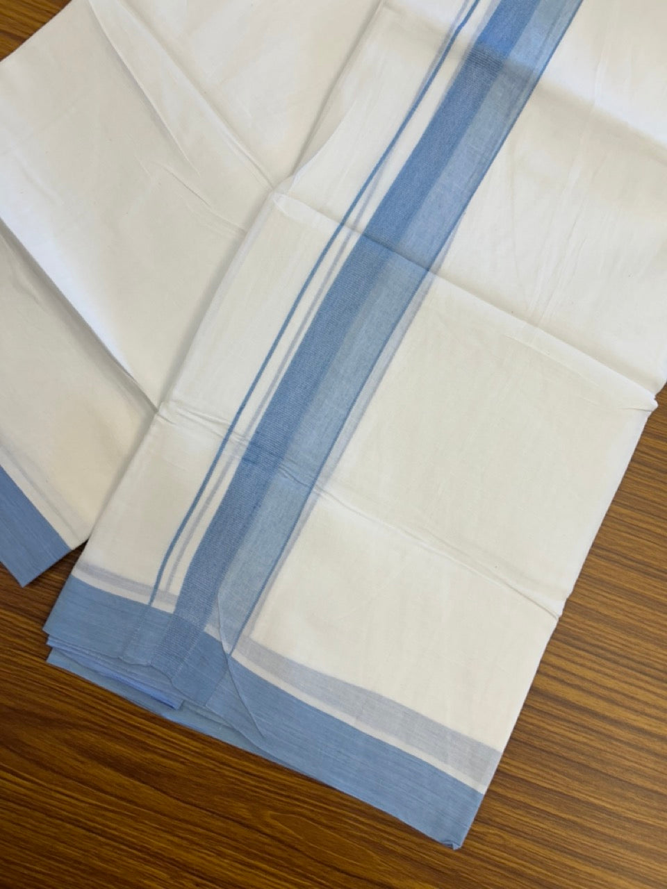 20% Discount ! Kaitharikada Balaramapuram 100% Cotton PURE WHITE Double Mundu/Dothi - 100x80 - 1.5 inch Light Blue Shaded Design Kara 3.90 mtr (8 muzham) - 22 KK5294 THI