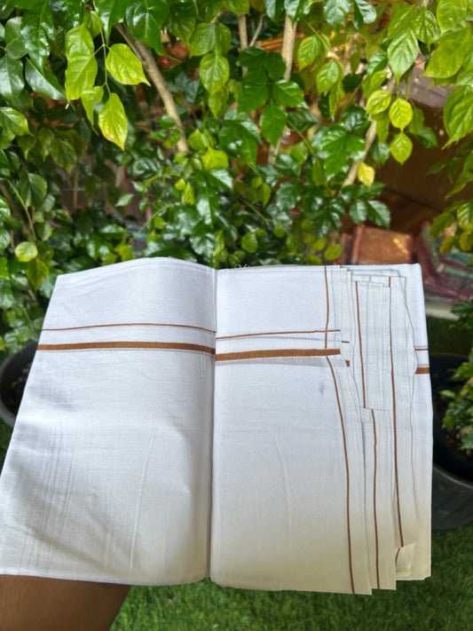 23% DISCOUNT! KaithariKada Balaramapuram 100% Cotton Double Pure white Mundu/Dhoti-( 60s ) - 0.25 inch Brown Thin Kara - 3.88 mtr ( 8 muzham)- 2KK5227 PMC