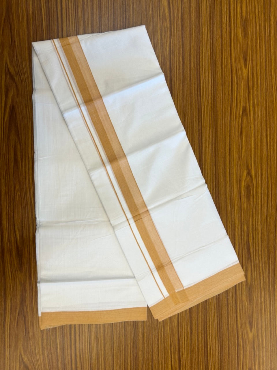 20% Discount ! Kaitharikada Balaramapuram 100% Cotton PURE WHITE Double Mundu/Dothi - 100x80 - 1.5 inch Light Orange Shaded Design Kara 3.90 mtr (8 muzham) - 23 KK5294 THI