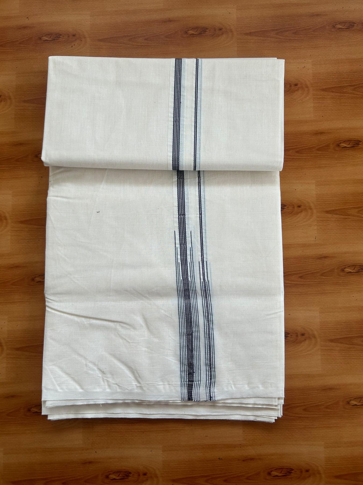 Double Off White (Unbleached) Mundu/Dhoti - 20% Discount!! KaithariKada Pulimood 100% Cotton 100X100 - 2 cm Puliyilakkara Silver Kasav & Navy Blue Striped Double Chutty Kara - 4 mtr  (8.5 muzham) - 22 KK5547 ASH