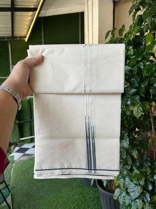20% Discount! KaithariKada Balaramapuram 100% Cotton Double Off white Mundu/Dhoti-100x100 - 1 cm Puliyilakkara Silver Kasav & Black  Double Chutty Kara - 4 mtr (8.5 muzham) - 8 KK5354 ASH